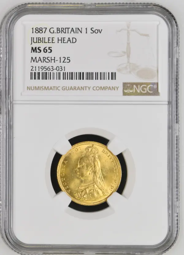 R5]1887年 ビクトリアジュビリーヘッド ソブリン金貨 NGC MS65 Marsh