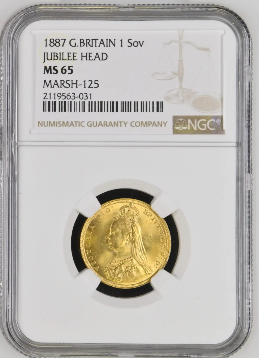 R5]1887年 ビクトリアジュビリーヘッド ソブリン金貨 NGC MS65 Marsh