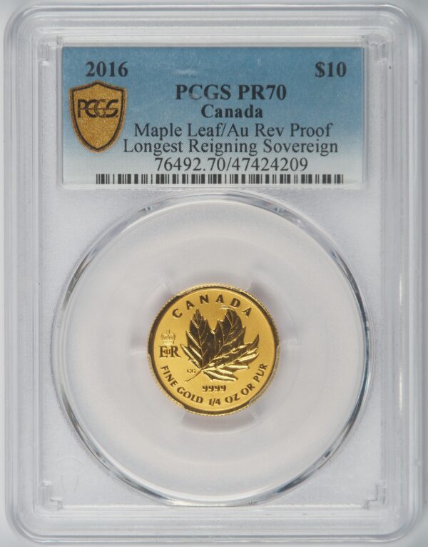 2016 Canada Reverse Proof Maple Leaf 1/4oz Gold Coin Gillick Portrait PCGS PR70