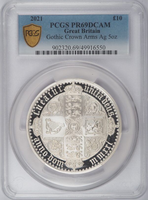 2021 Great Engravers Gothic Crown Quartered Arms 5oz Silver Coin PCGS PR69DC