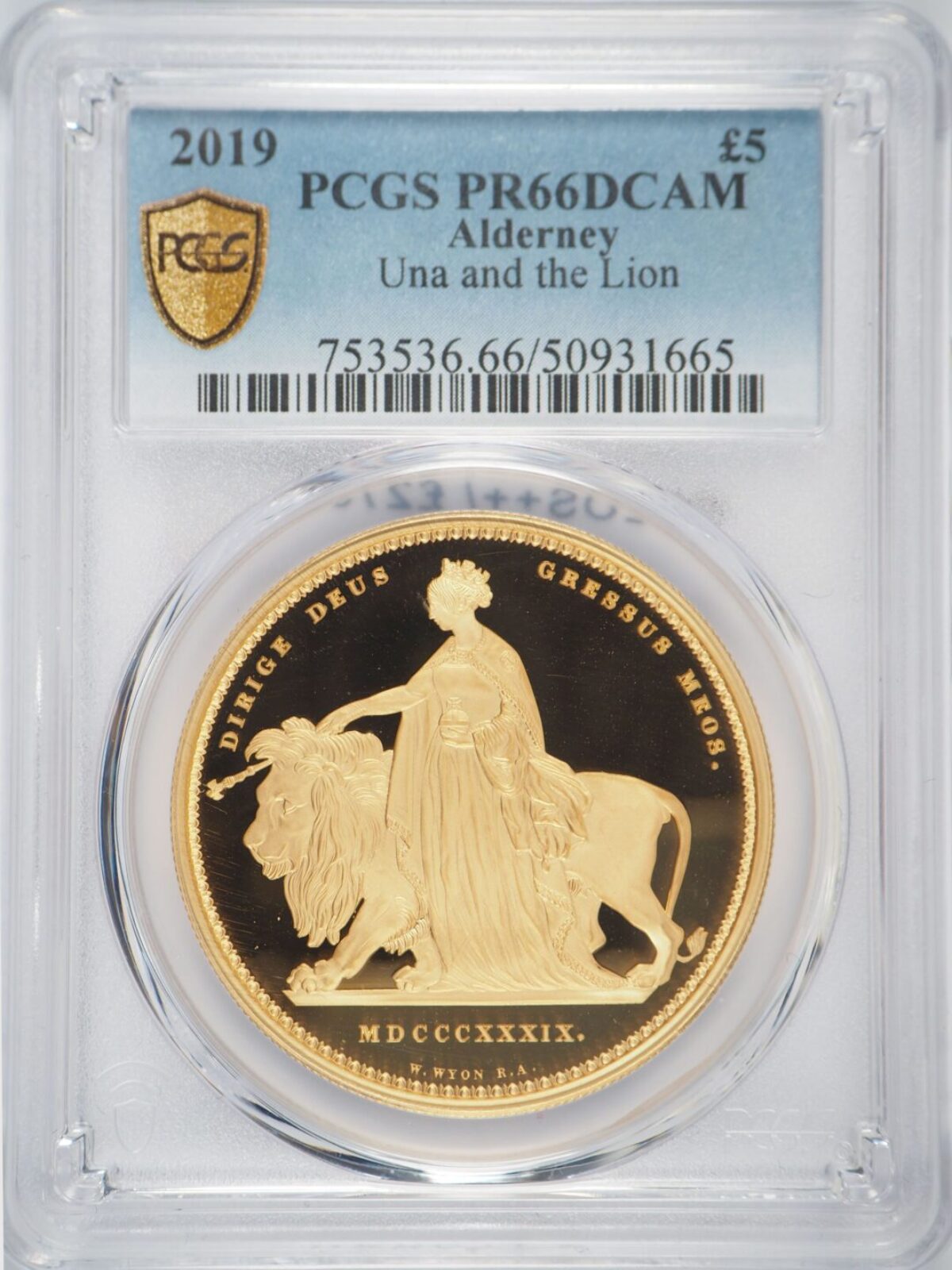 2019 Alderney Una and the Lion Gold Five Pound PCGS PR66DCAM