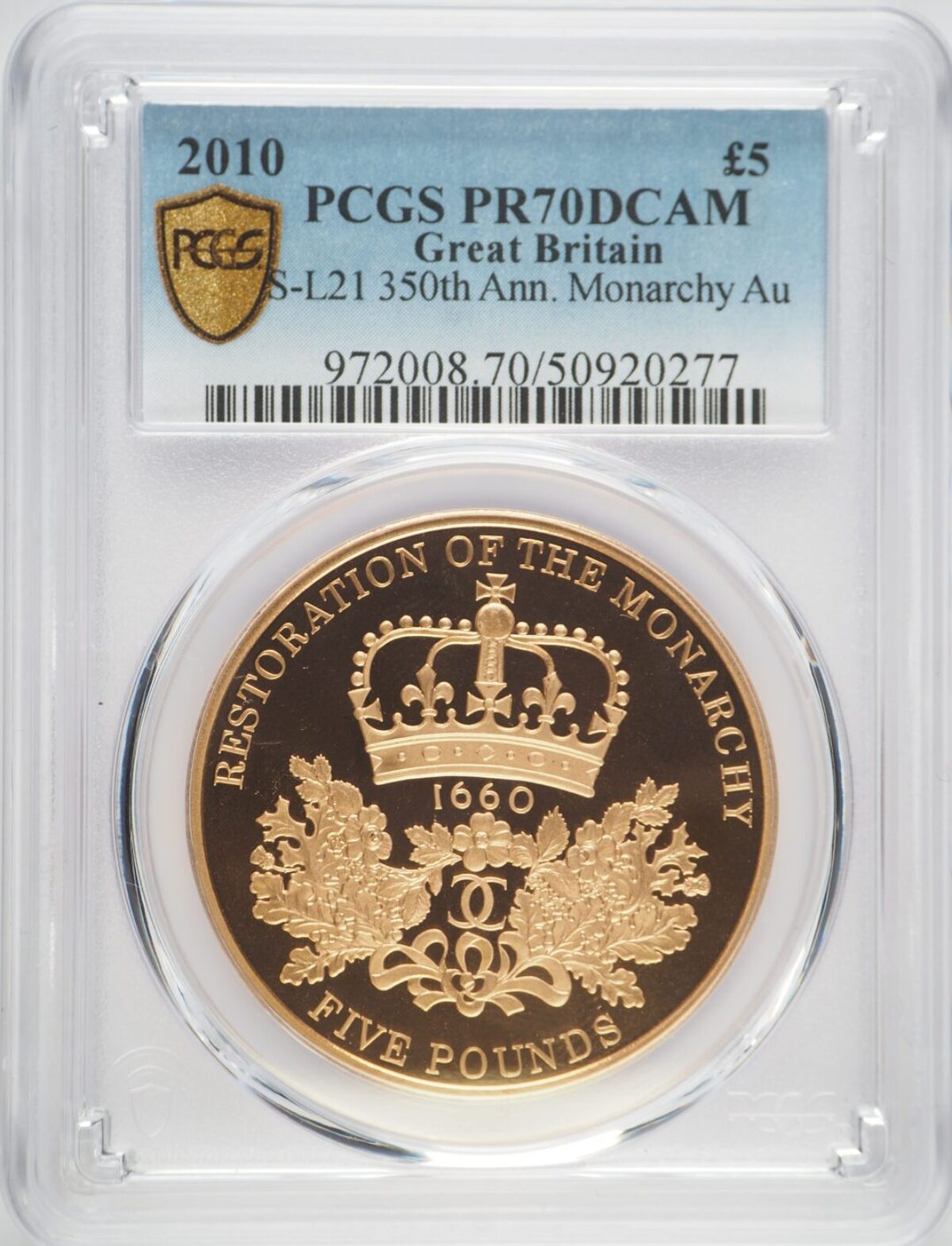 イギリス 2010年 王政復古350周年記念 5ポンド金貨 PCGS PR70DCAM 最高