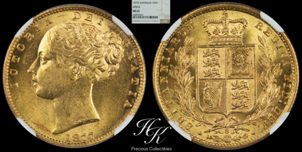 Gold shield sovereign "VICTORIA" 1877 S Sydney NGC MS63 Australia