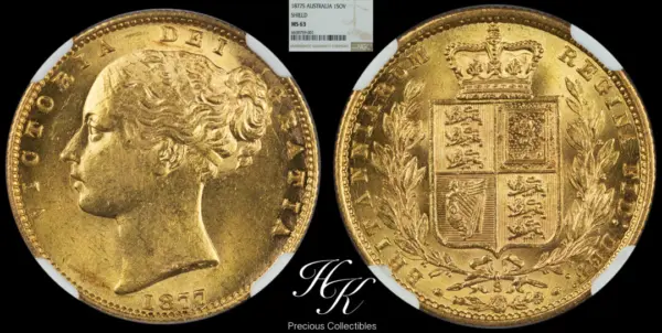 1877年 シドニーミント ヤングビクトリアシールド ソブリン金貨NGC 1877年 シドニーミント ヤングビクトリアシールド ソブリン金貨NGC