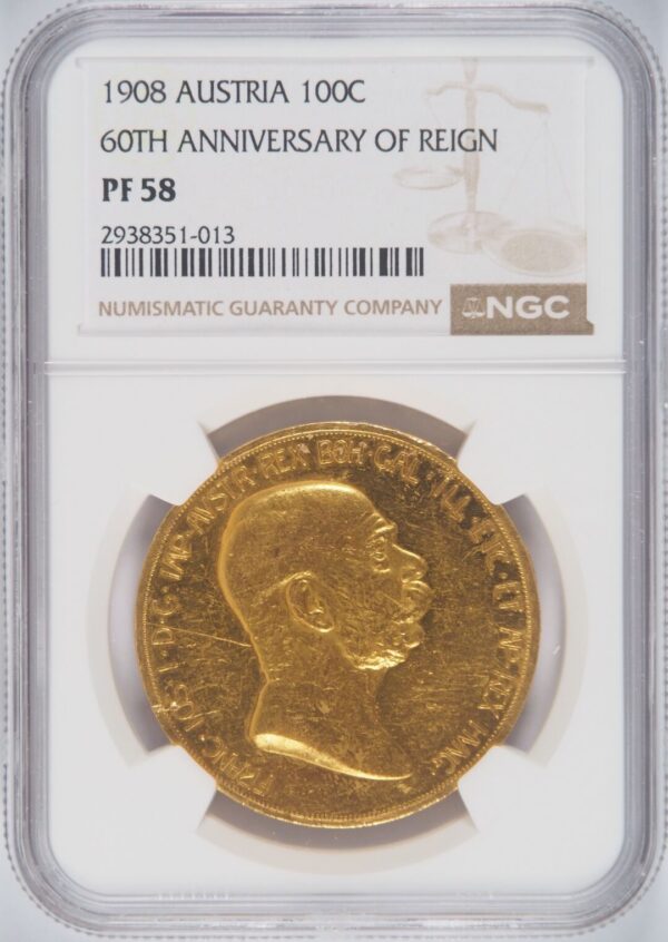 1908年 オーストリア 100コロナ金貨 「雲上の女神」 NGC PF58