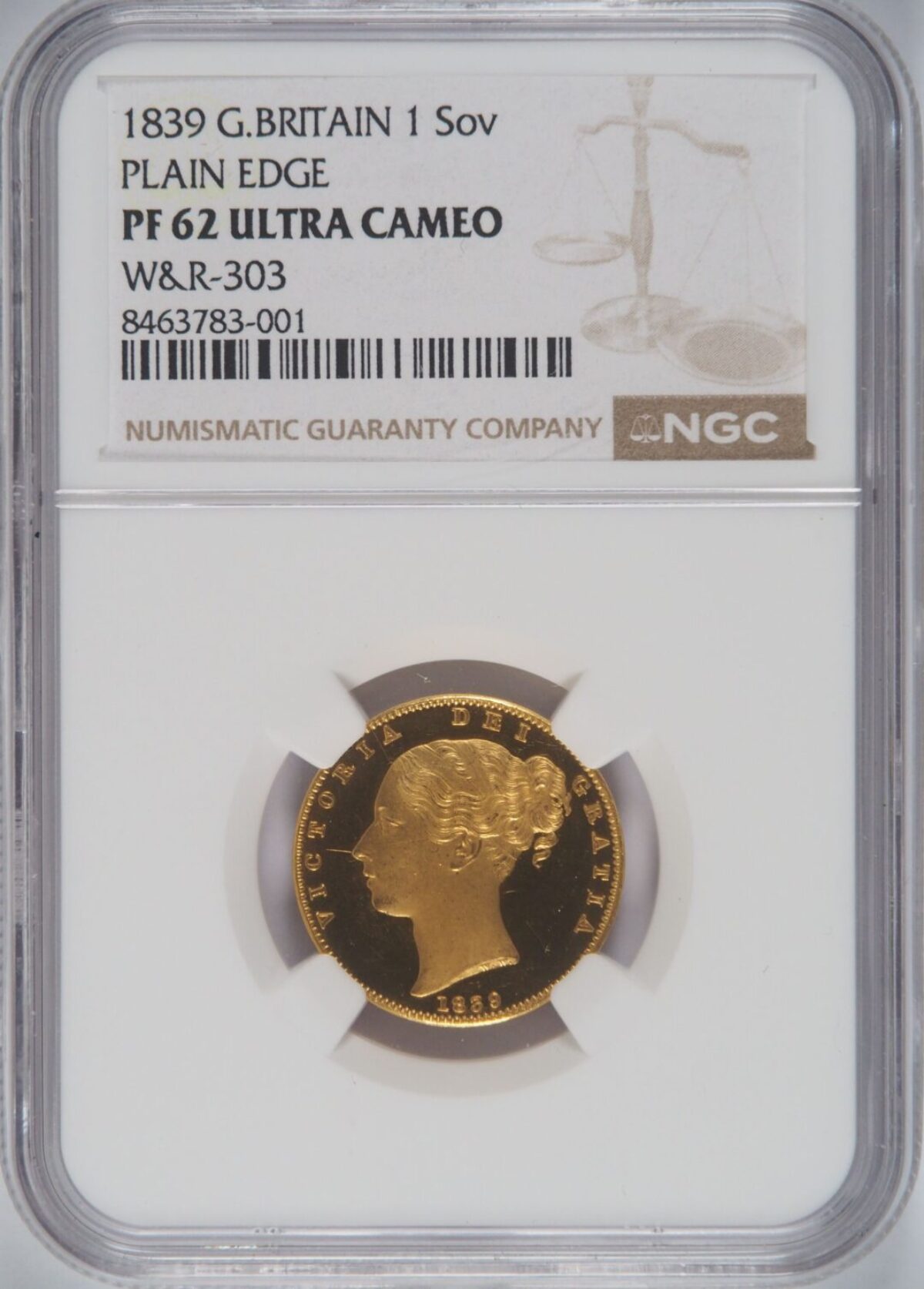 1839年 ビクトリア ヤングヘッド プルーフソブリン金貨 NGC PF62UC