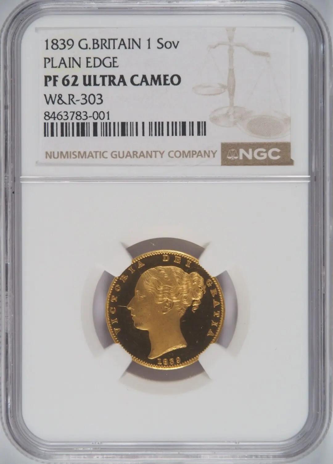 1839年 ビクトリア ヤングヘッド プルーフソブリン金貨 NGC