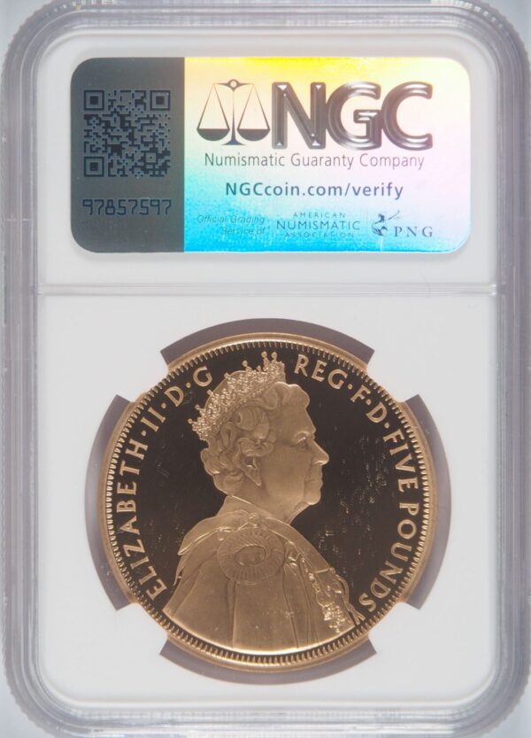 2012年ダイヤモンドジュビリー(ヤングヤング)5ポンド金貨 NGC PF70UC - 画像 (2)
