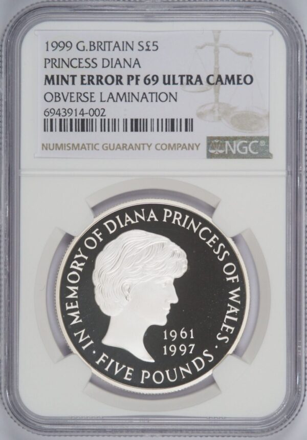 【造幣局エラー】1999年ダイアナ妃追悼記念 5ポンド銀貨 NGC PF69UC 表面ラミネーション