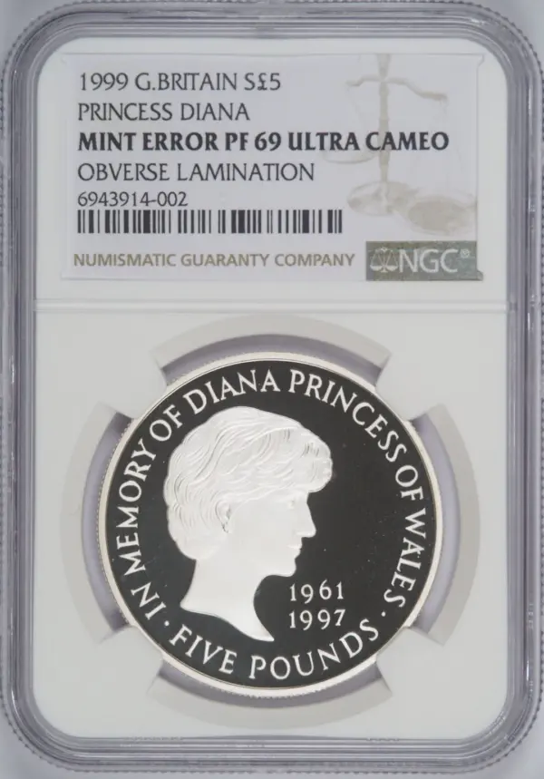【未使用】限定品ダイアナ妃記念５ポンド銀貨　ケース付 造幣局エラー】1999年ダイアナ妃追悼記念 5ポンド銀貨 NGC PF69UC 表面