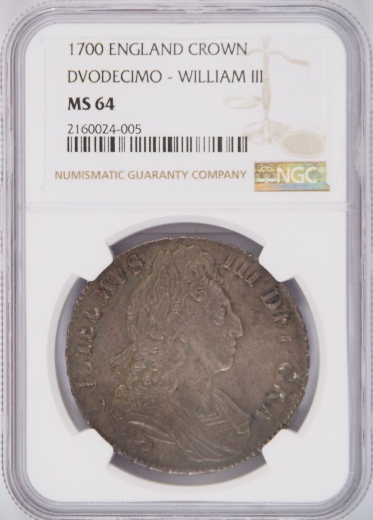 1700年 ウィリアム3世 クラウン銀貨 DVODECIMO NGC MS64