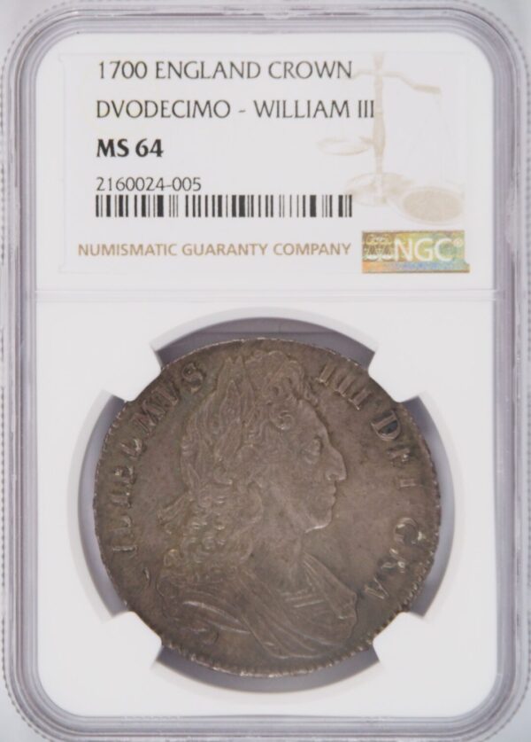 1700年 ウィリアム3世 クラウン銀貨 DVODECIMO NGC MS64