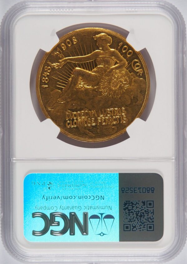 1908年 【雲上の女神】オーストリア 100コロナ 金貨 NGC PF60 - 画像 (2)