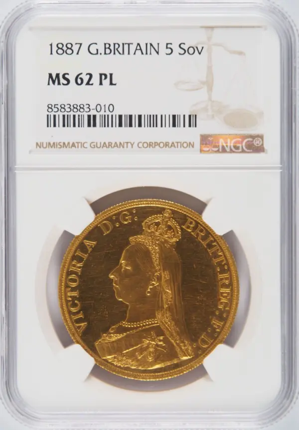1887年 ビクトリア・ジュビリーヘッド 5ポンド金貨 NGC MS62PL