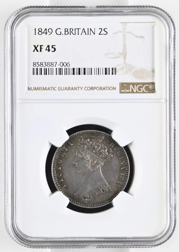 sunshine イギリス銀貨(1849年)１フローリンKM-745 1849年ビクトリア ゴッドレスフローリン銀貨 NGC XF45