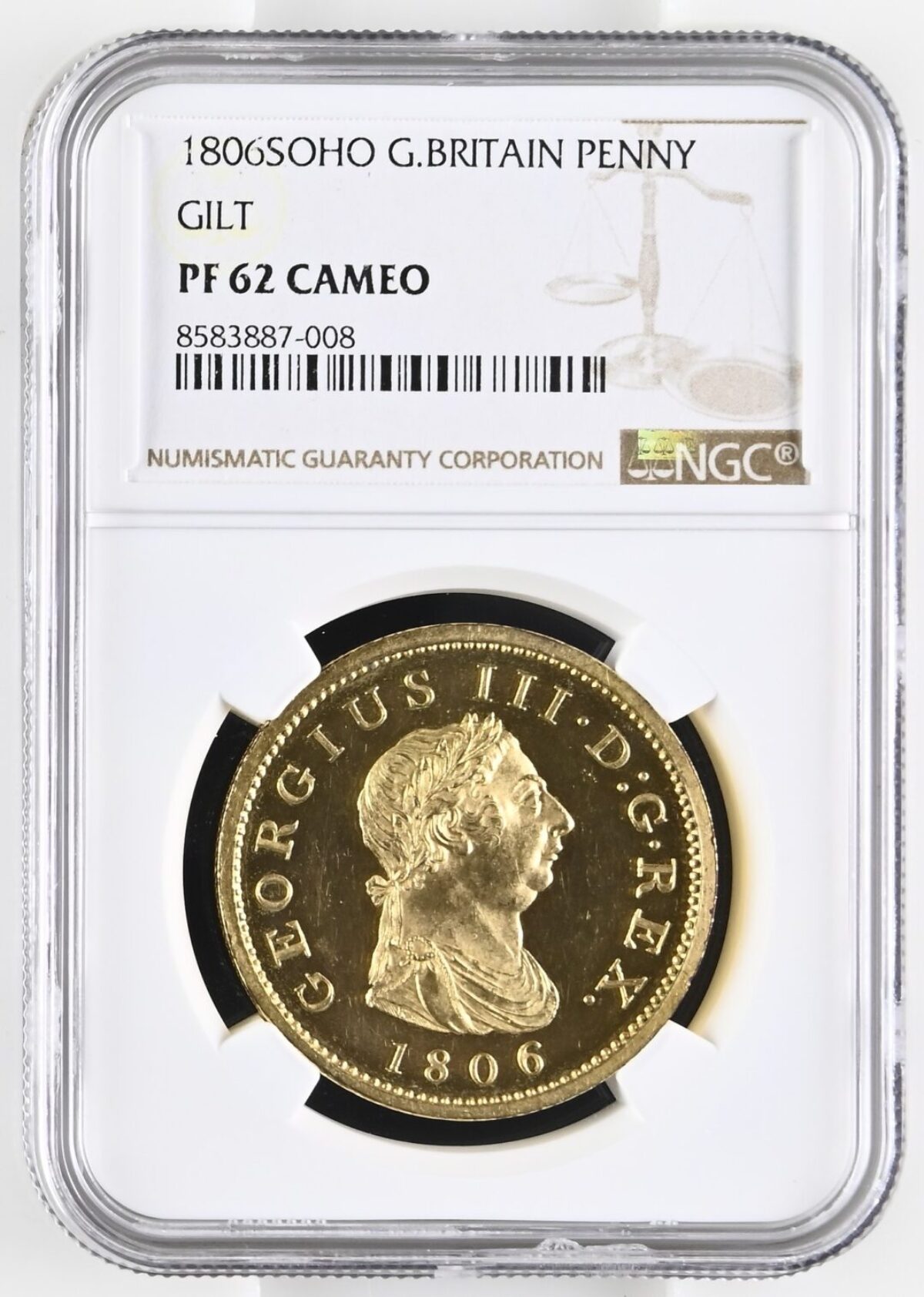 1806年プルーフペニー銅貨 NGC PF62CAM 金メッキ - ソブリンハブ