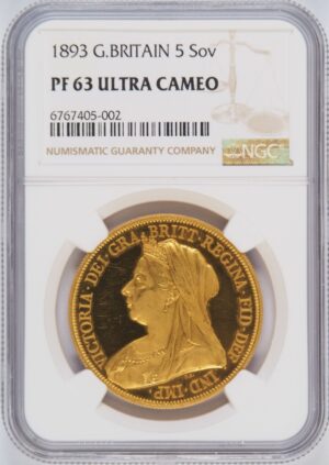 1893年ビクトリアヴェールヘッド プルーフ5ポンド金貨 NGC PF63UC