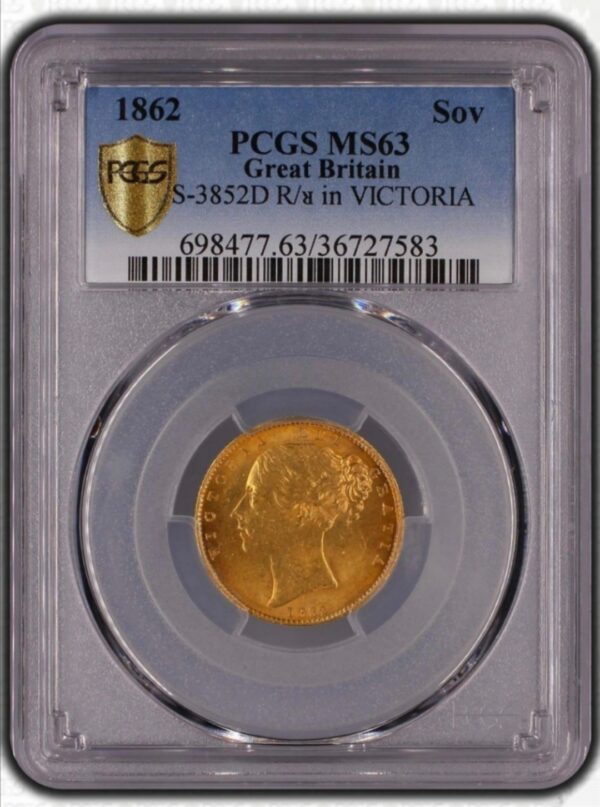 【R4 ミントエラー】1862年ビクトリアヤングヘッド ソブリン金貨 R over Inverted R PCGS MS63 (Single Finest)