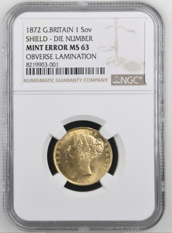 【ミントエラー】1872年ビクトリアヤングヘッド ソブリン金貨 NGC MS63(表面ラミネーション) - 画像 (2)