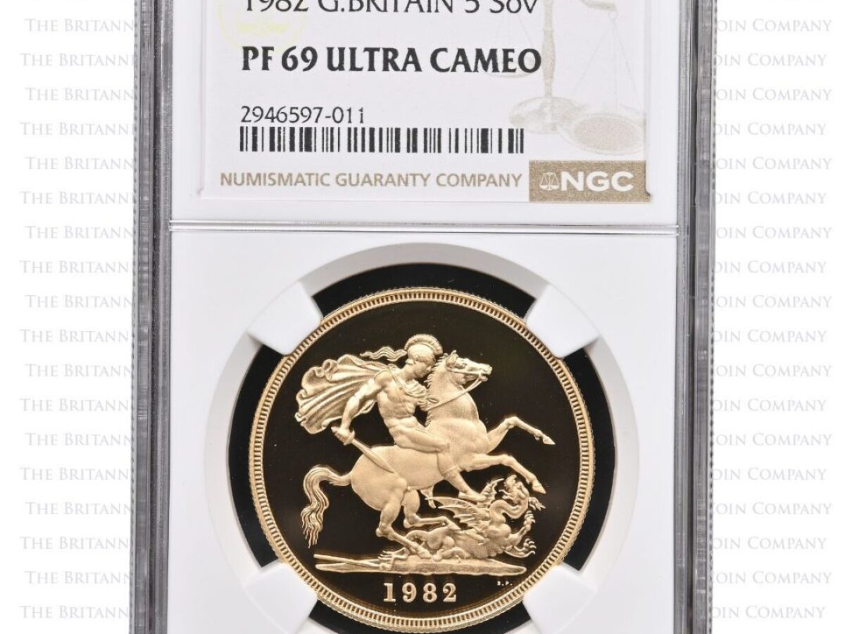 1982 Gold Proof Quintuple Sovereign Five Pound Elizabeth II Coin