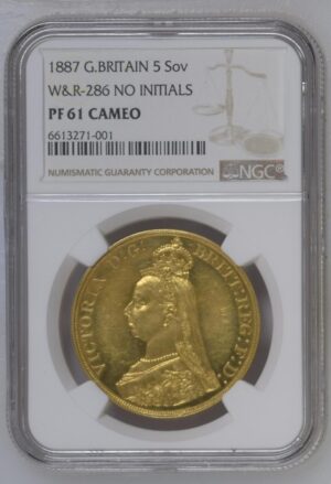 【試鋳貨】1887年ヴィクトリアジュビリーヘッドプルーフ5ポンド金貨 B.P.無 NGC PF61CAM