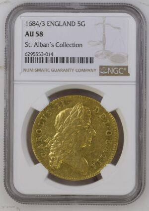 1684/3年チャールズ2世5ギニー金貨 第二肖像 NGC AU58