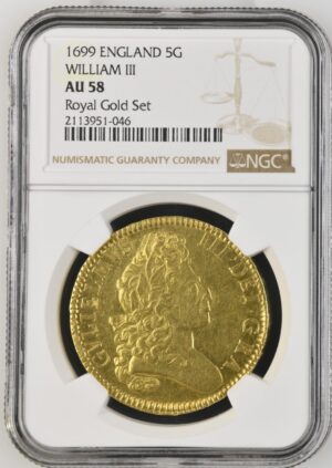 【初年号】1699年ウィリアム3世5ギニー金貨 NGC AU58 UNDECIMOエッジ