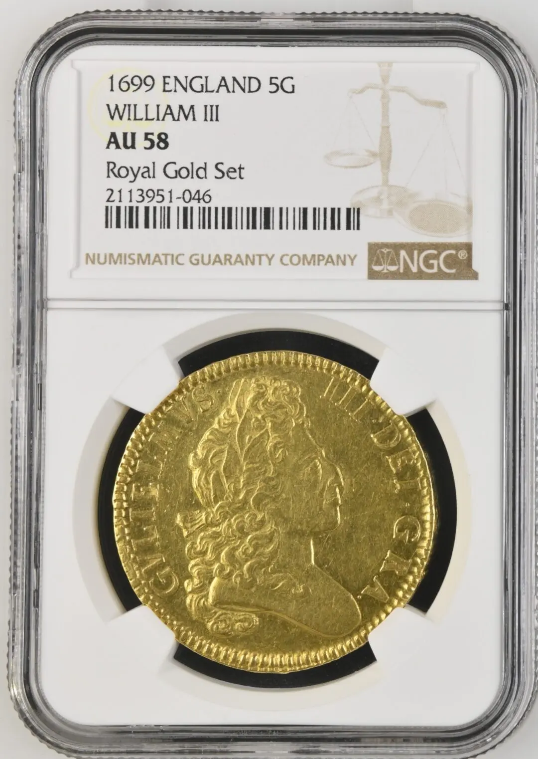 初年号】1699年ウィリアム3世5ギニー金貨 NGC AU58 UNDECIMOエッジ