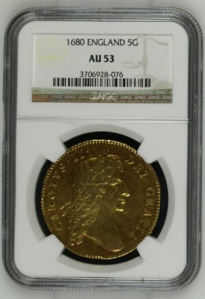 1680/79年チャールズ2世5ギニー金貨 第二肖像 NGC AU53