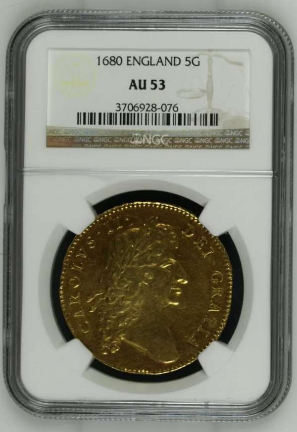 1680/79年チャールズ2世5ギニー金貨 第二肖像 NGC AU53 - ソブリンハブ