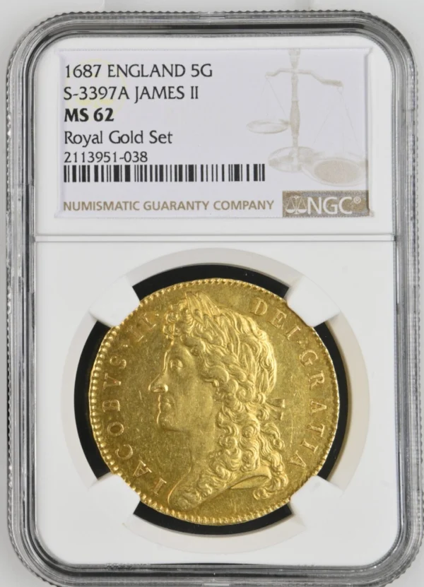 1687年ジェームズ2世5ギニー金貨 NGC MS62 - ソブリンハブ