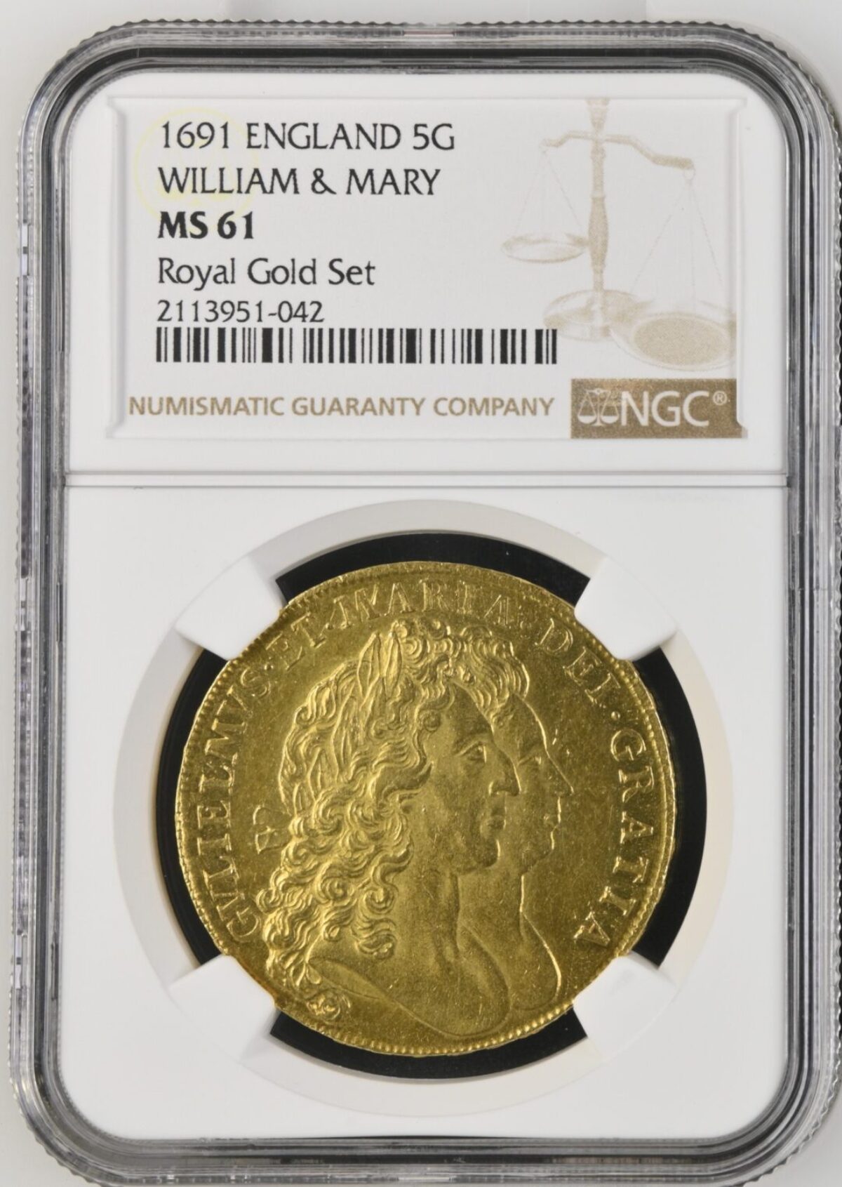 1691年ウィリアム&メアリー5ギニー金貨 NGC MS61 - ソブリンハブ