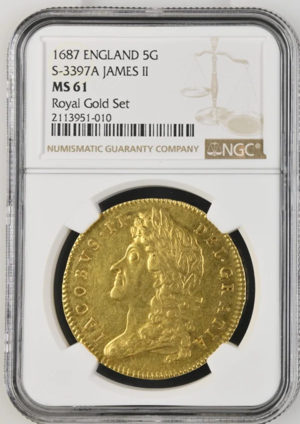 1687年ジェームズ2世5ギニー金貨 NGC MS61 - ソブリンハブ