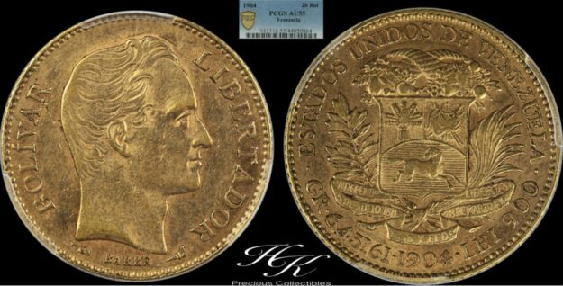 1904年ベネズエラ20ボリバル金貨 PCGS AU55