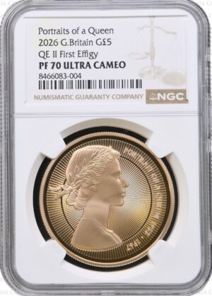 2026年エリザベス2世復刻版5ポンド金貨ギリック肖像 NGC PF70UC