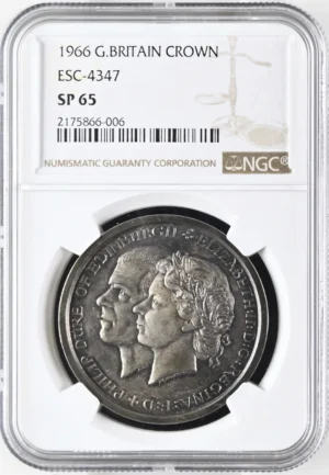1966年 イギリス エリザベス2世・フィリップ王配 クラウン銀貨 NGC SP65