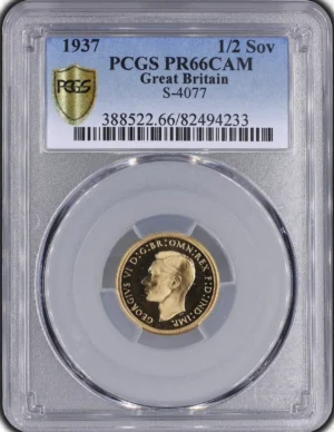 1937年 イギリス ジョージ6世 ハーフ・ソブリン金貨 NGC PR66 CAM