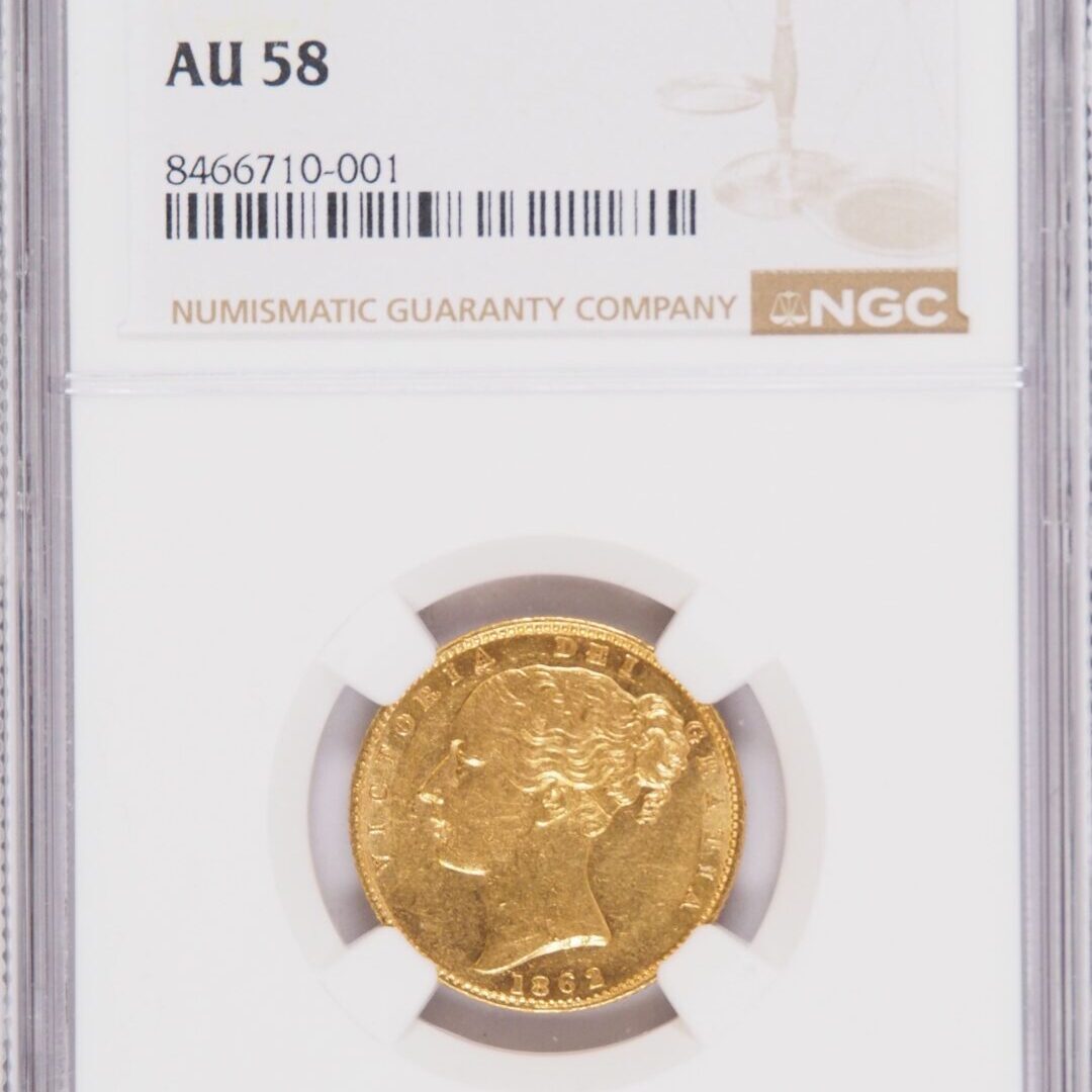 1862年 ヴィクトリアヤングヘッドソブリン金貨 NGC AU58 - Sovereign Hub
