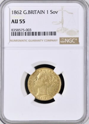 1862 Great Britain Victoria Sovereign Gold NGC AU55