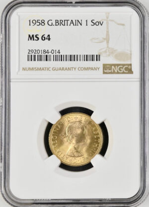 1958年 イギリス エリザベス2世 ソブリン金貨 NGC MS64