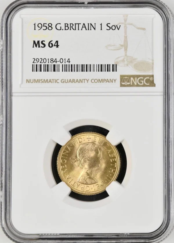 1958年 イギリス エリザベス2世 ソブリン金貨 NGC MS64 - Sovereign Hub