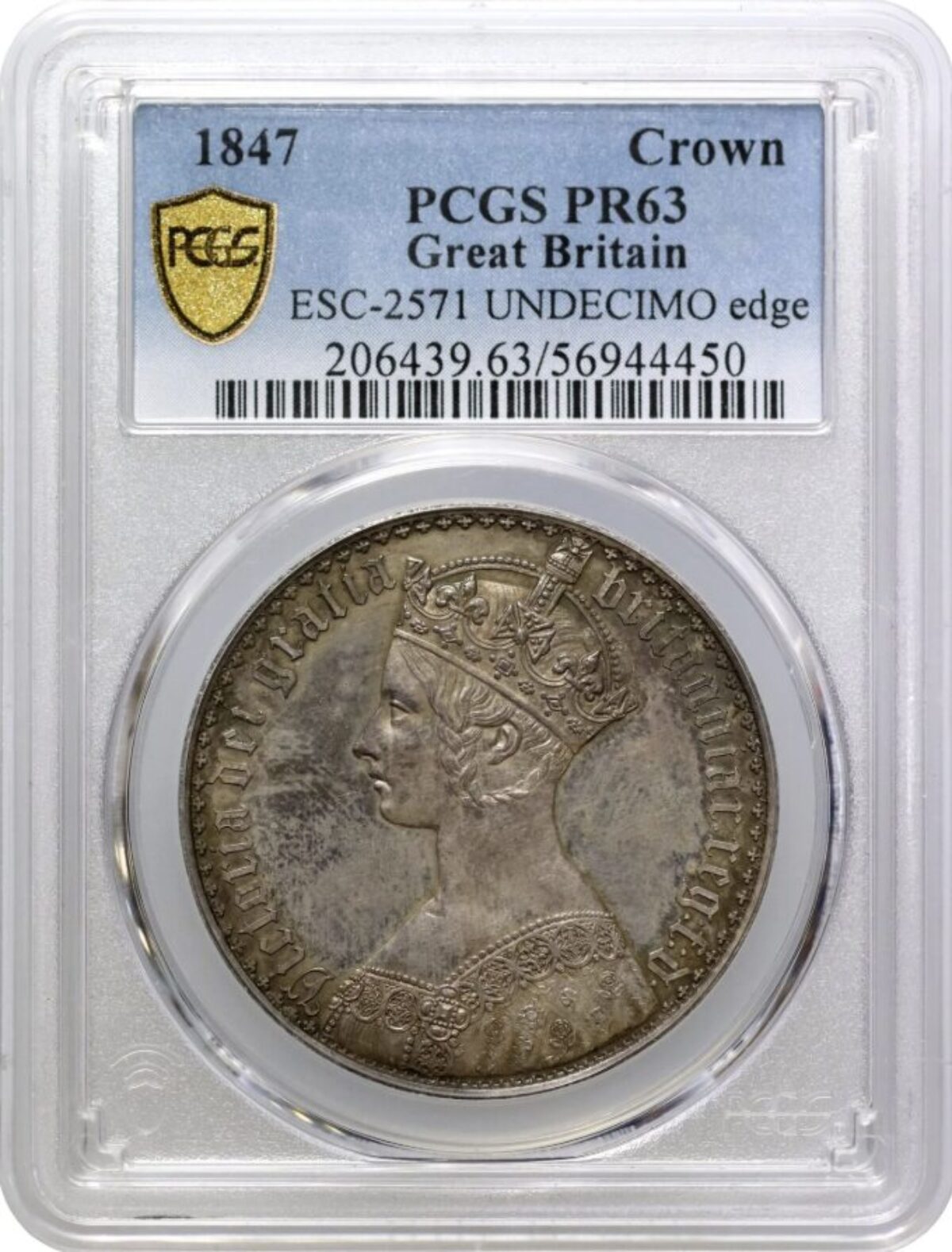1847年 イギリス ヴィクトリア ゴシッククラウン銀貨 PCGS PR63