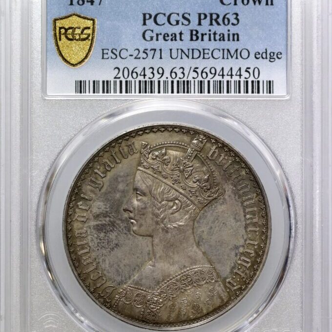 1847年 イギリス ヴィクトリア ゴシッククラウン銀貨 PCGS PR63