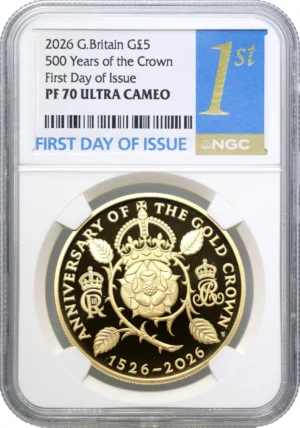 2026年 イギリス チャールズ3世 5ポンド金貨 王冠貨幣500周年記念 NGC PF70 UC FDI