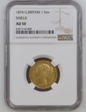 1874 Victoria Shield Sovereign Gold Coin NGC AU50