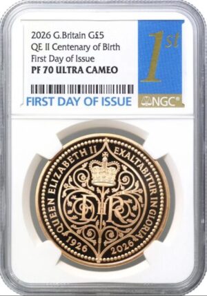 2026年 イギリス チャールズ3世 5ポンド金貨 エリザベス2世生誕100周年記念 NGC PF70 Ultra Cameo FDI
