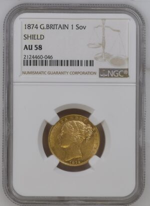 1874 Victoria Shield Sovereign Gold Coin NGC AU58