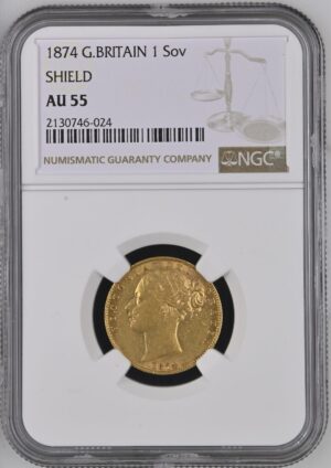 1874年 ヴィクトリア・シールド・ソブリン金貨 NGC AU55