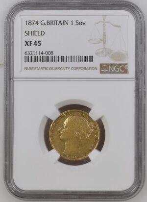 1874 Victoria Shield Sovereign Gold Coin NGC XF45