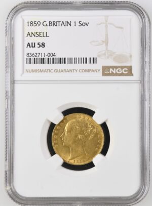 1859 Victoria Ansell Sovereign Gold Coin NGC AU58